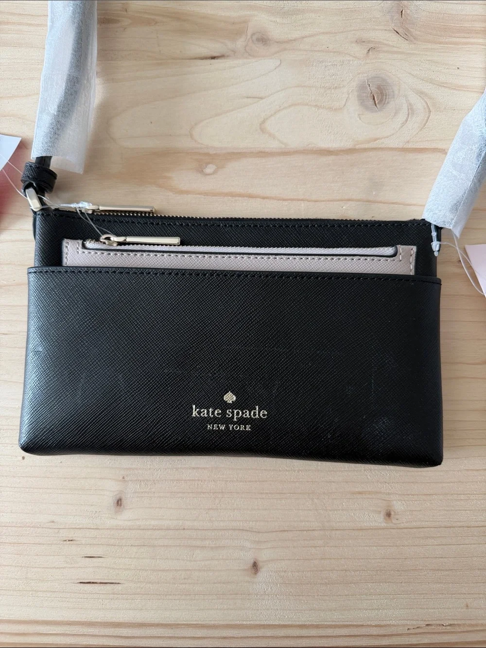kate spade Black Crossbody Wallet with Pale Pink Front Pocket